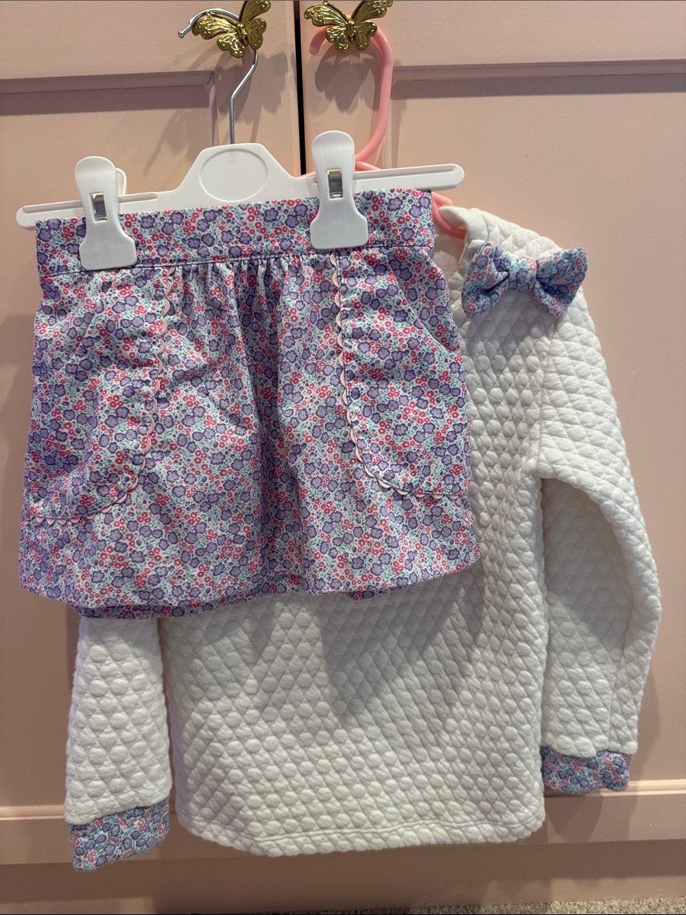 White Quilted Top with Pink & Purple Floral Skirt Set